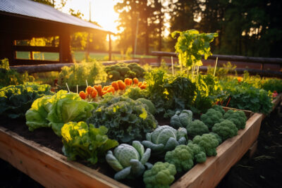 A vegetable garden with ripe vegetables and herbs on the beds. licensed image